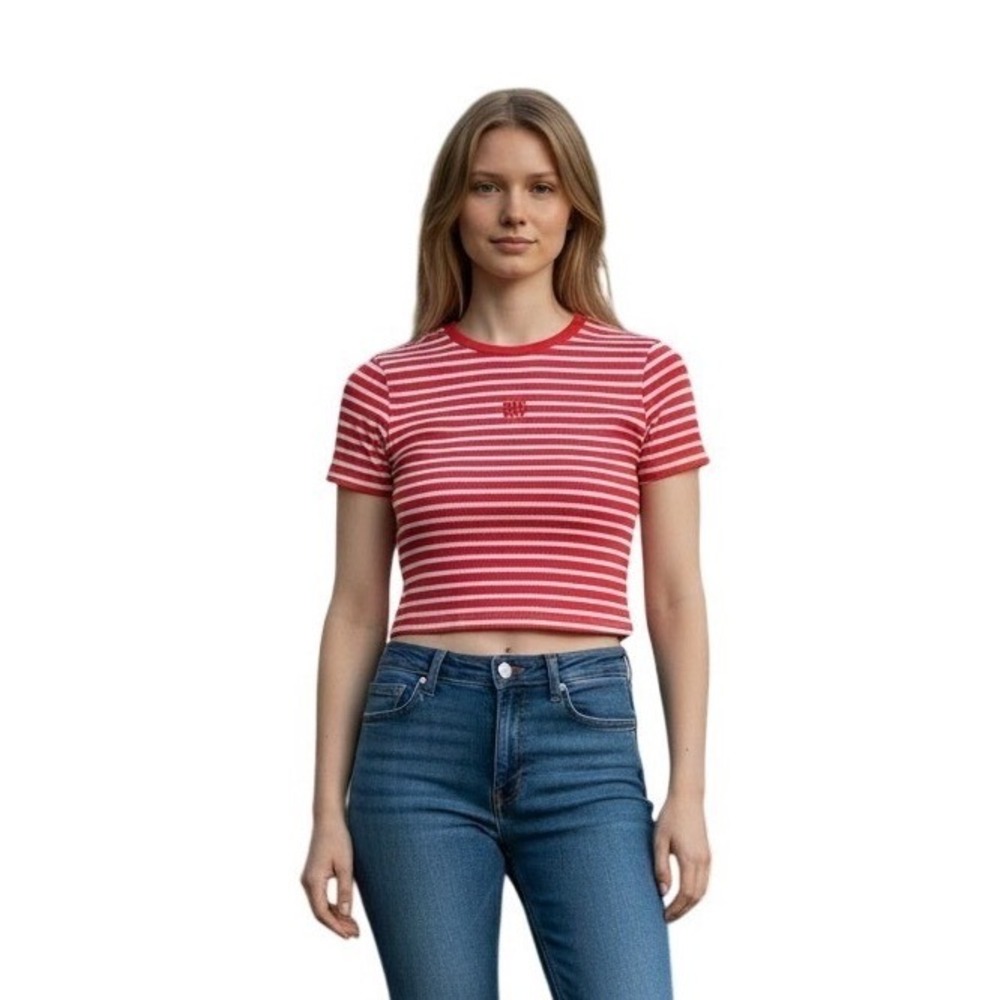 DKNY Jeans Womens Pink White Striped Ribbed Knit Short Sleeve Top XXS DJ6R0150